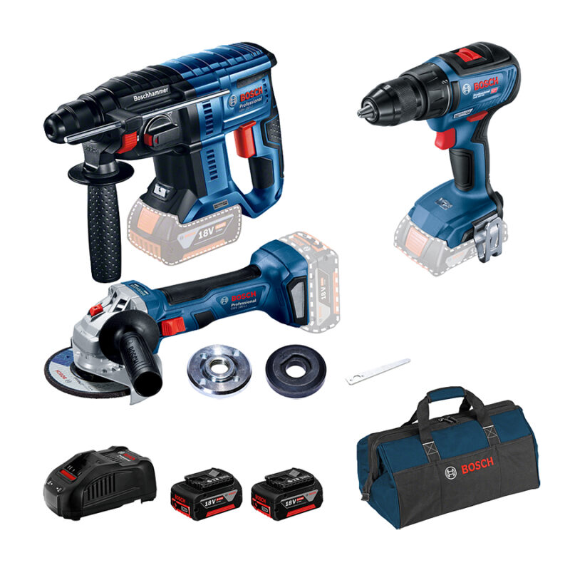 Ciocan rotopercutor brushless Bosch GBH 180-LI + GSR 18V-50 Masina de gaurit + GWS 180-LI Polizor unghiular brushless + 2 acumulatori Li-Ion 18V, 5Ah + incarcator + geanta textil