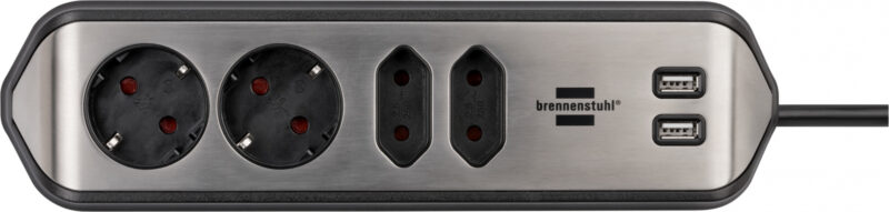 Prelungitor pentru perete colt Brennenstuhl Estilo 4 prize, 2 USB, 3.1 A, 2m Inox, Adeziv inclus, Argintiu-Negru