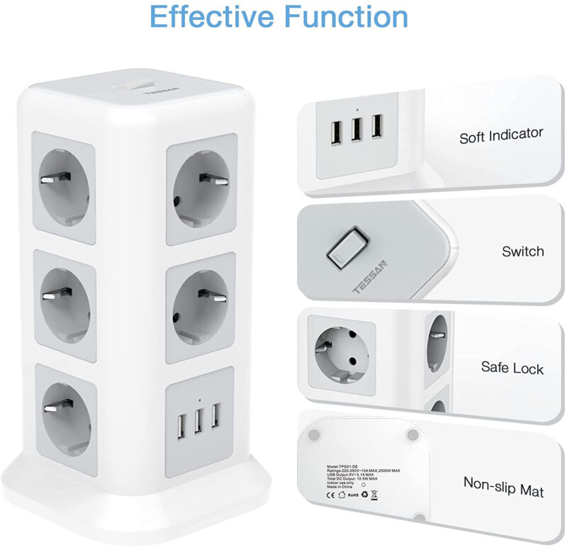 prelungitor turn tessan tps01 11 prize 3 usb 3 1a cablu 2m protectie la suprasarcina negru copie 877090 - Prelungitor tip Turn Tessan TPS01, 11 prize, 3 USB 3.1A, cablu 2m, protectie la suprasarcina - Alb - SOLGARDEN