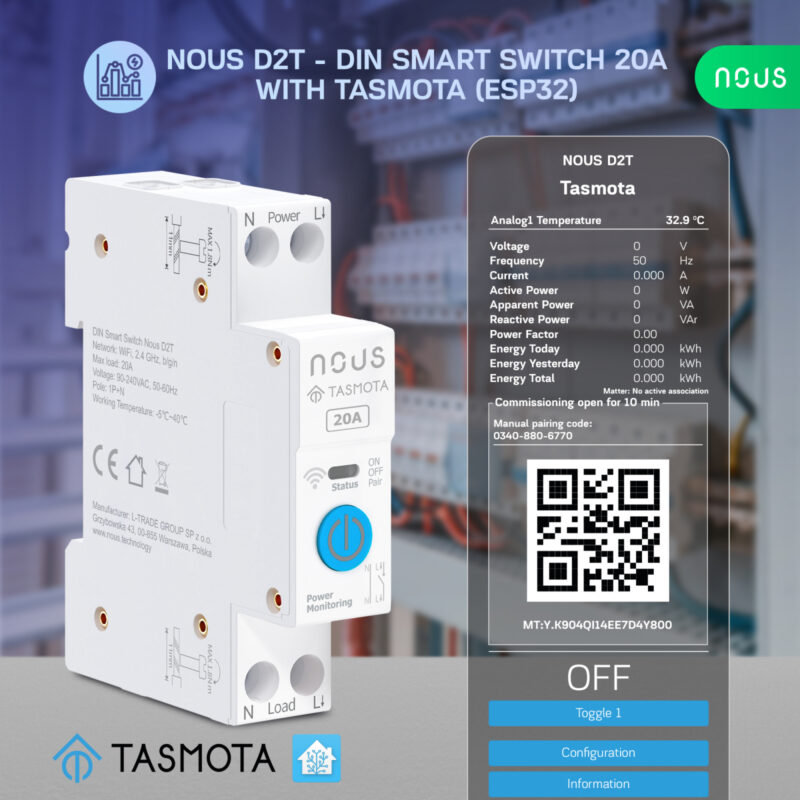 Siguranta inteligenta Nous D2T, 20A, Tasmota,  1 canal, Monitorizare energie, montare pe sina DIN, ESP32