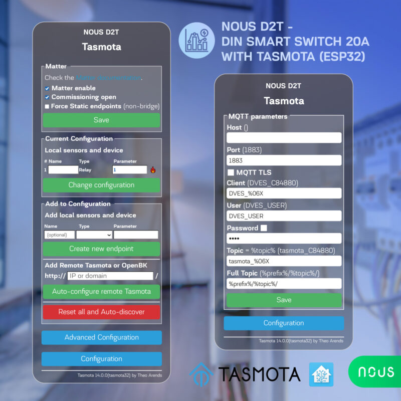 Siguranta inteligenta Nous D2T, 20A, Tasmota,  1 canal, Monitorizare energie, montare pe sina DIN, ESP32